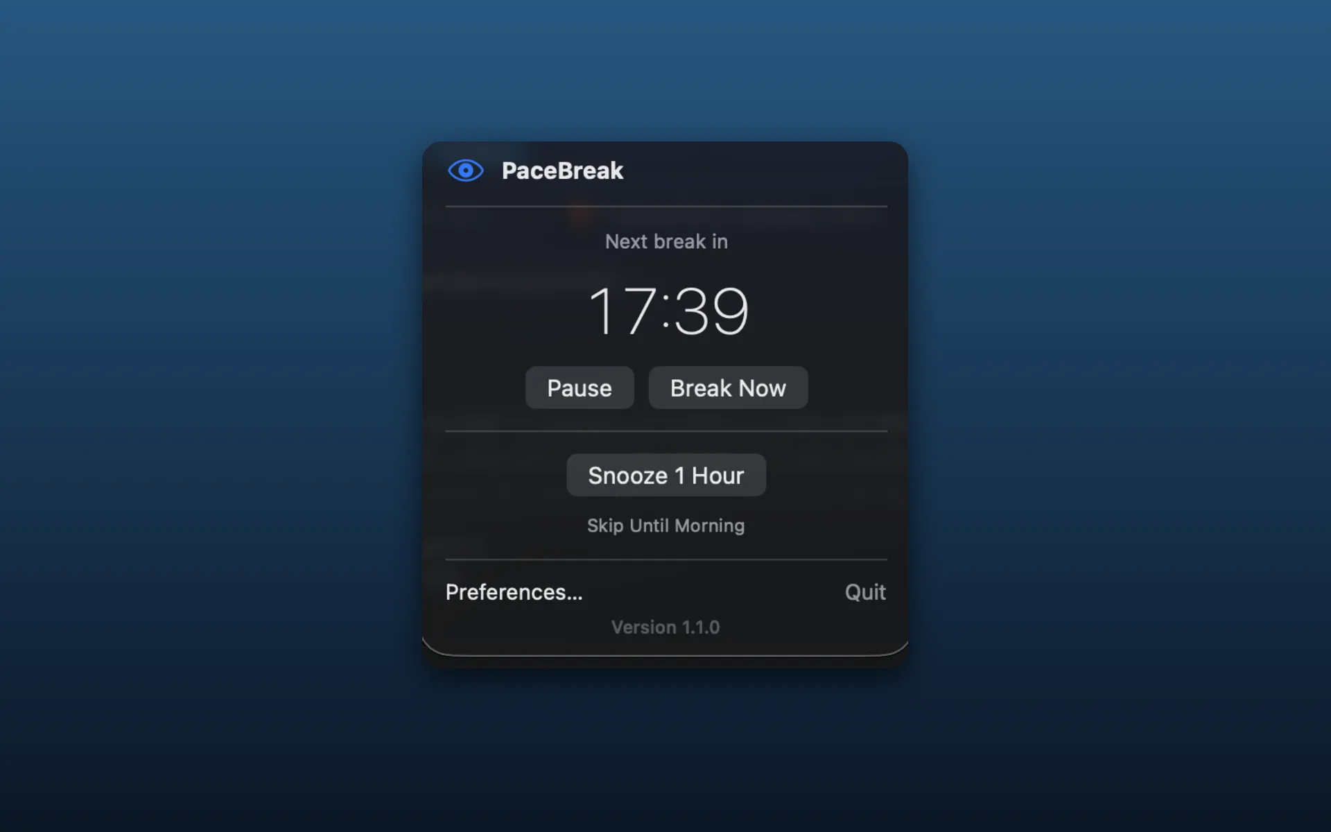 PaceBreak menu showing the live break timer and quick actions