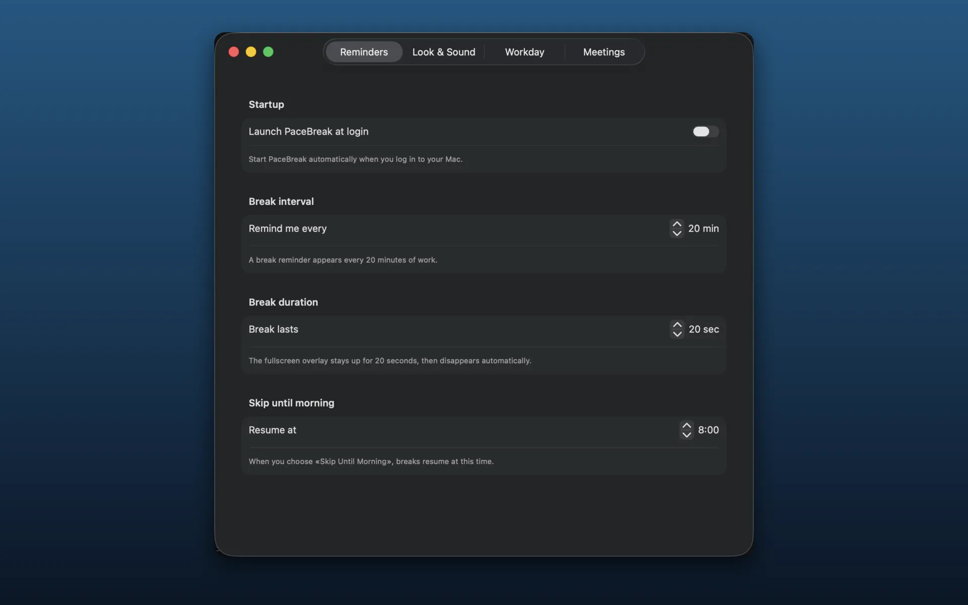 PaceBreak Reminders preferences tab