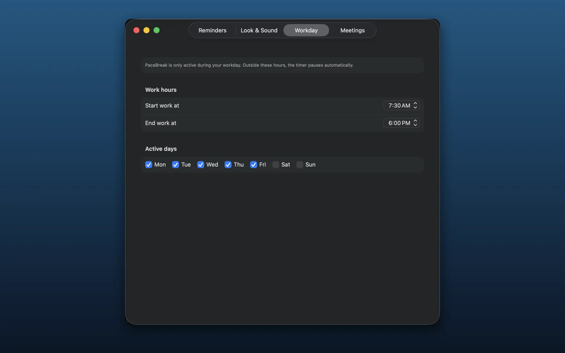PaceBreak Workday preferences tab