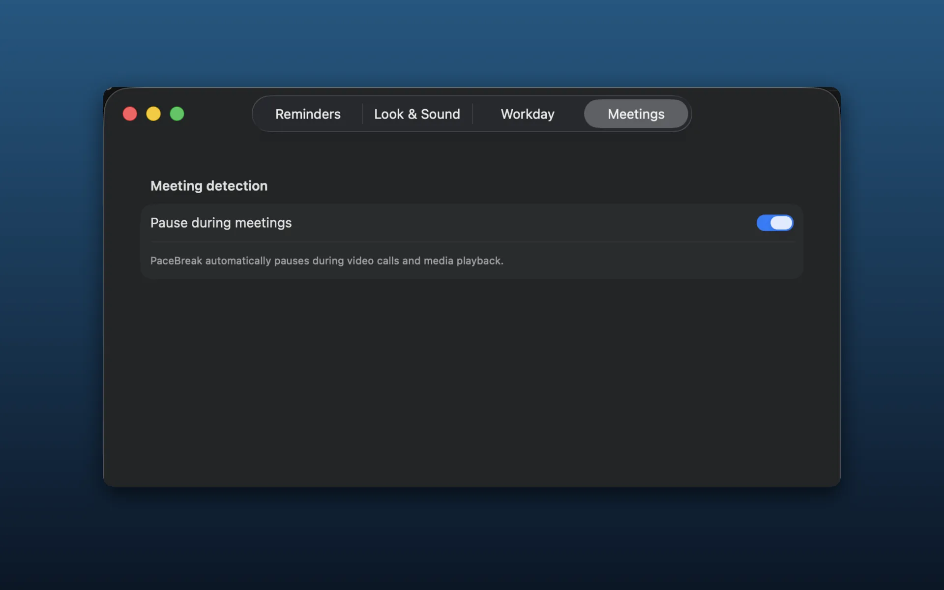 PaceBreak Meetings preferences tab