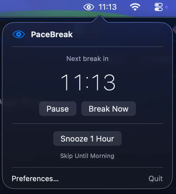 PaceBreak menu bar dropdown showing the live break timer