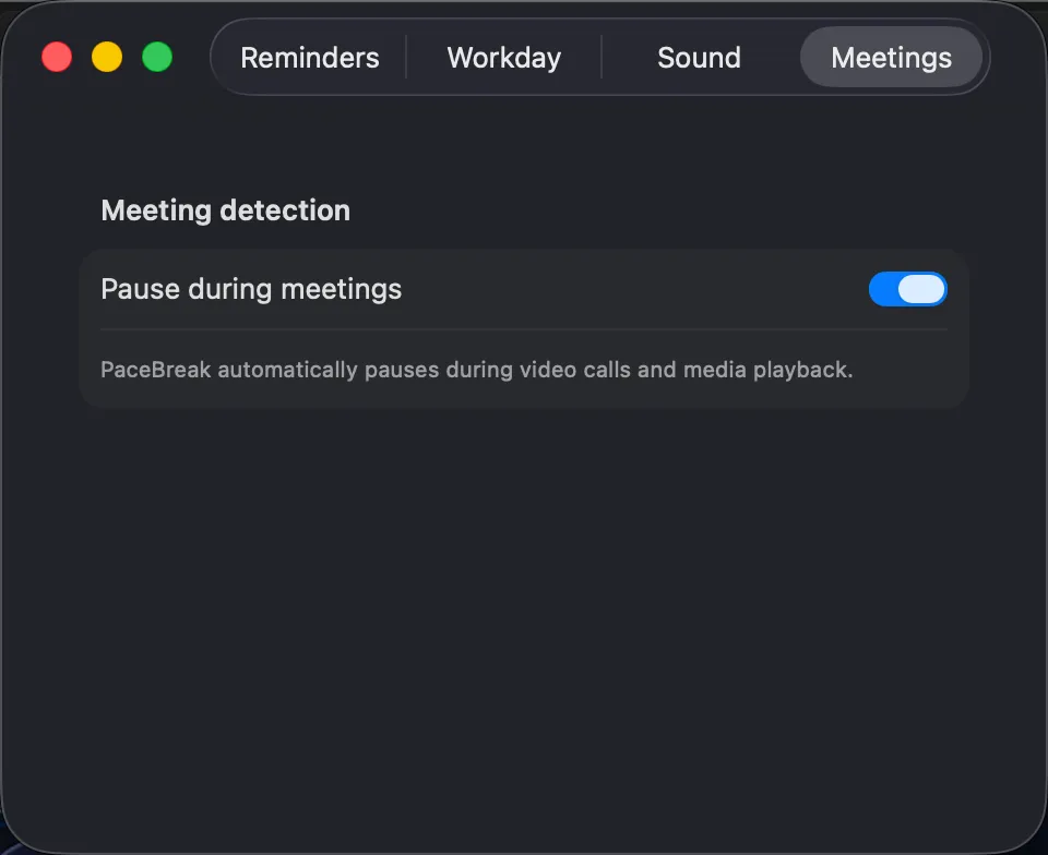 PaceBreak Meetings settings with pause-during-calls toggle