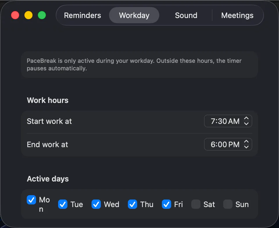 PaceBreak Workday settings with work hours and active days